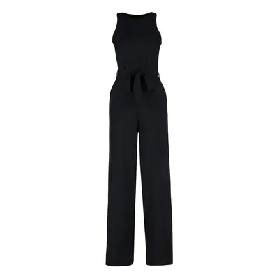 Trendyol Black Belted Snap Detailed Wide Leg Maxi Woven Jumpsuit