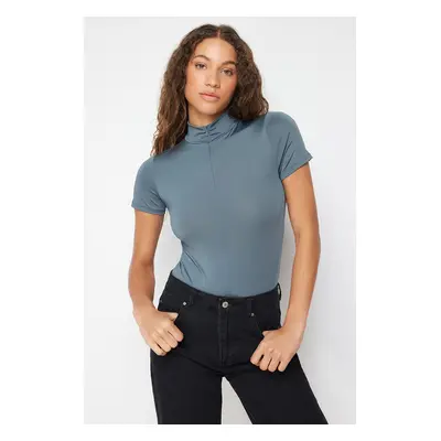 Trendyol Open Anthracite Zippered Stand-Up Collar Zippered Short Sleeved Flexible Snap Fastener 