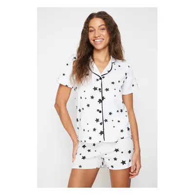 Trendyol Ecru 100% Cotton Star Patterned Piping Knitted Pajama Set