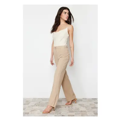 Trendyol Light Brown Straight/Straight Fit High Waist Ribbed Stitched Woven Trousers