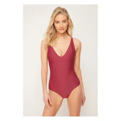 Trendyol Burgundy V-Neck Smoothing Regular Swimsuit