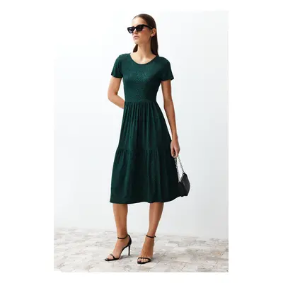 Trendyol Dark Green Polka Dot Midi Printed Skater/Waist Open Stretch Knit Dress