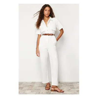 Trendyol White Short Sleeve Belted Denim Jumpsuit