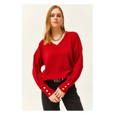 Olalook Women's Red V-Neck Button Detailed Knitwear Sweater