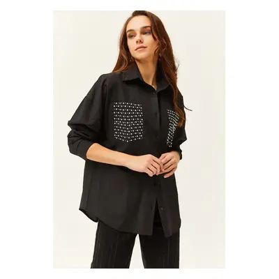 Olalook Women's Black Pocket Staple Detailed Oversize Shirt