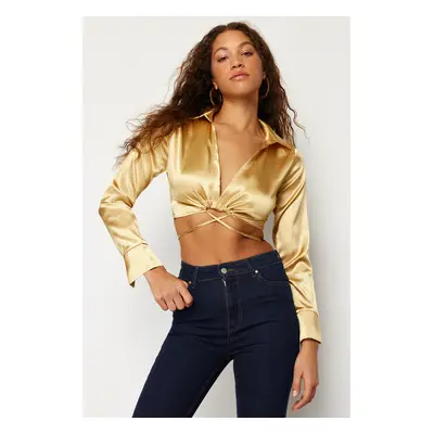 Trendyol Gold Crop Tie Detail Satin Woven Blouse