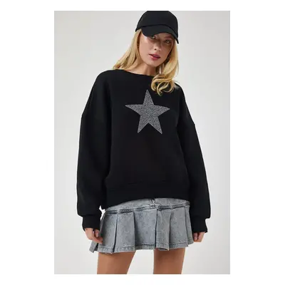 Happiness İstanbul Women's Black Star Embroidered Raised Knitted Sweatshirt