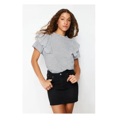 Trendyol Black Ruffled Sleeves Regular/Normal Fit Striped Crew Neck Knitted T-Shirt