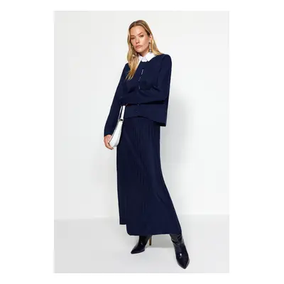 Trendyol Navy Blue Buttoned Cardigan-Skirt Knitwear Top and Bottom Set