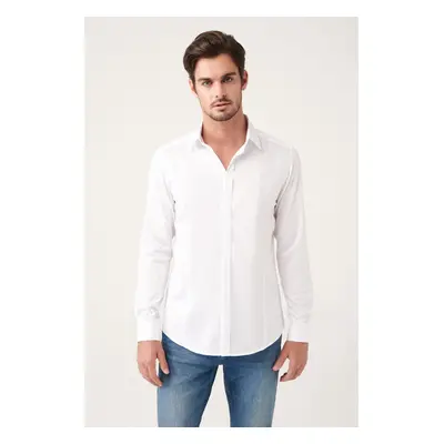 Avva Men's White 100% Cotton Satin Hidden Pocket Slim Fit Slim Fit Shirt