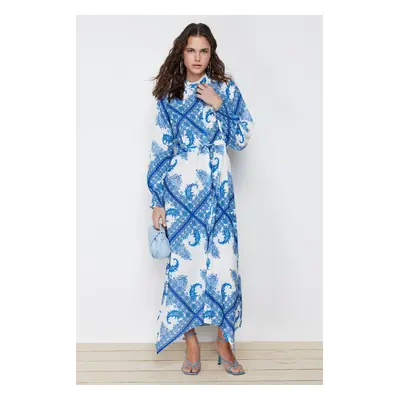 Trendyol Blue Shawl Pattern Asymmetric Skirt Detailed Tied Woven Dress