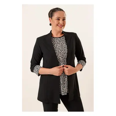 By Saygı Undershirt And Jacket Sleeve Ends Leopard Patterned Crepe Plus Size Pcs Set Black