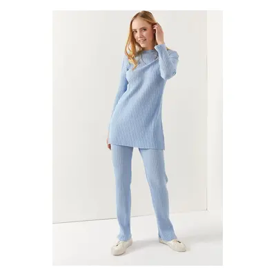 Olalook Women's Baby Blue Top Slit Blouse Bottom Palazzo Corded Suit