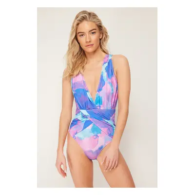 Trendyol Abstract Patterned Deep-cut Draped Regular Swimsuit