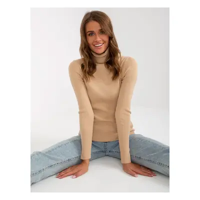 Camel ribbed lady's sweater with turtleneck