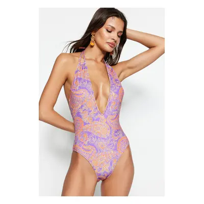 Trendyol Paisley Patterned Swimwear with a deep neckline and low-cut back, normal legs