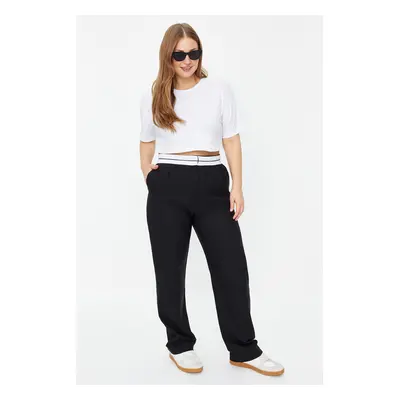 Trendyol Curve Black Wide Leg/Wide Leg Contrast White Waist Detail Plus Size Fabric Trousers