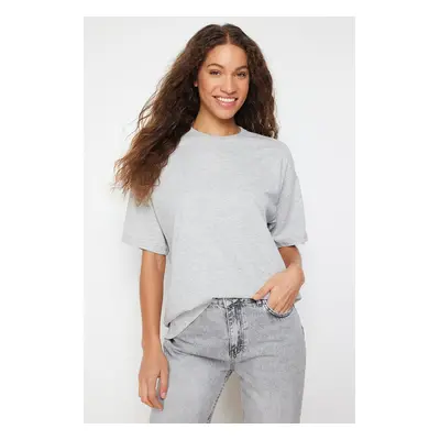 Trendyol Gray Melange Cotton Crew Neck Boyfriend/Wide Fit Knitted T-Shirt