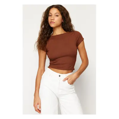 Trendyol Brown Decollete Crop Cotton Stretchy Knitted Blouse