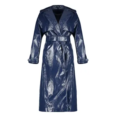 Trendyol Navy Blue Oversize Wide Cut Patent Leather Trench Coat