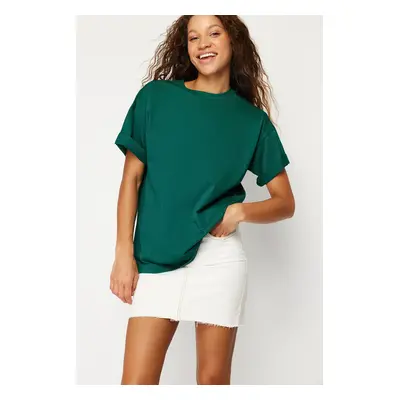 Trendyol Emerald Green Cotton Crew Neck Boyfriend/Wide Fit Knitted T-Shirt