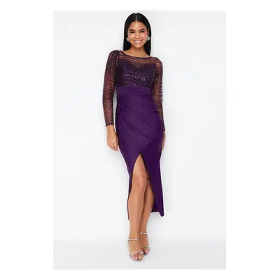 Trendyol Purple Sequin Knitted Tulle Long Elegant Evening Dress