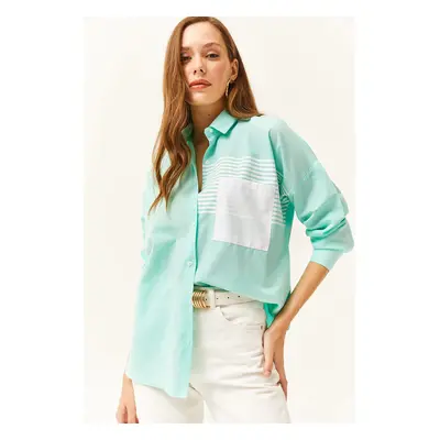 Olalook Women's Aqua Green Pocket Detailed Oversize Woven Shirt