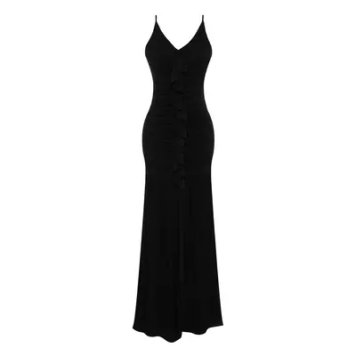 Trendyol Black Fitted Ruffled Knitted Long Evening Dress