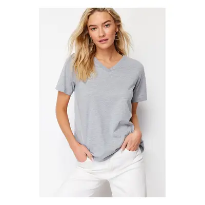 Trendyol Gray Melange 100% Cotton Basic V Neck Knitted T-Shirt