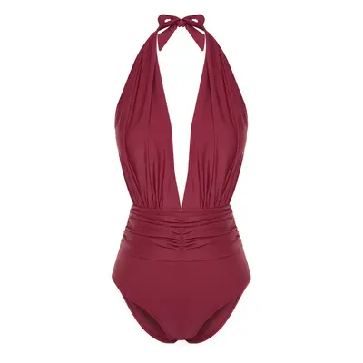 Trendyol Burgundy Deep Decollete Gathered Regular Swimsuit