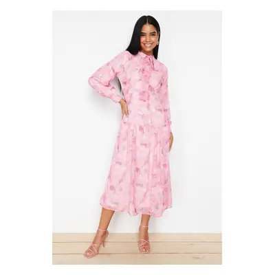 Trendyol Pink Lined Floral Patterned Belted Woven Dress