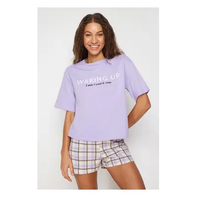 Trendyol Lilac 100% Cotton Slogan Printed Knitted Pajama Set