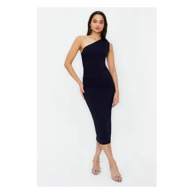 Trendyol Navy Blue One Shoulder Draped Fitted Maxi Flexible Knitted Midi Pencil Dress