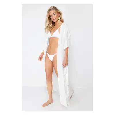 Trendyol Ecru Belted Maxi Woven Frilly Kimono & Kaftan