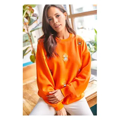 Olalook Women's Orange Oversized Thick Sweatshirt with Embroidered Eyes Fleece Inside