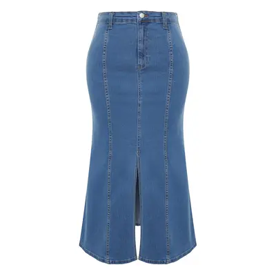 Trendyol Curve Blue Front Slit Detailed Midi Denim Skirt