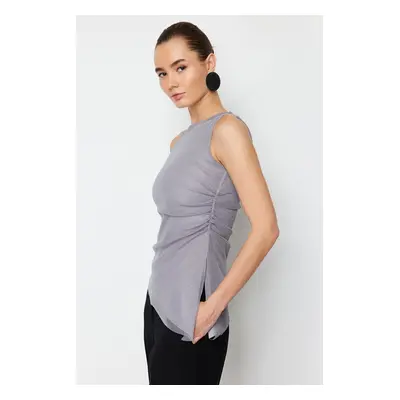 Trendyol Gray Tulle Gathered Regular Zero Sleeve Flexible Knitted Blouse