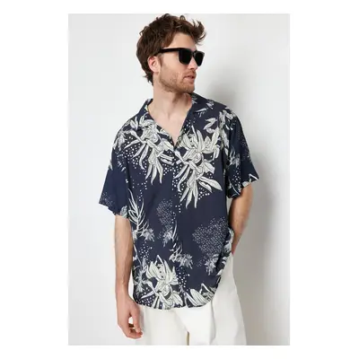 Trendyol Navy Blue Oversize Leaf Printed 100% Viscose Short Sleeve Loose Summer Shirt