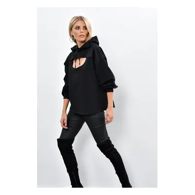 Cool & Sexy Women's Black Hooded Sweatshirt with Front Window Yi1669