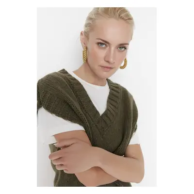 Trendyol Khaki Crop puha texturált színes blokk kötöttáru pulóver