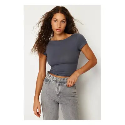 Trendyol Anthracite Backless Crop Cotton Stretchy Knitted Blouse