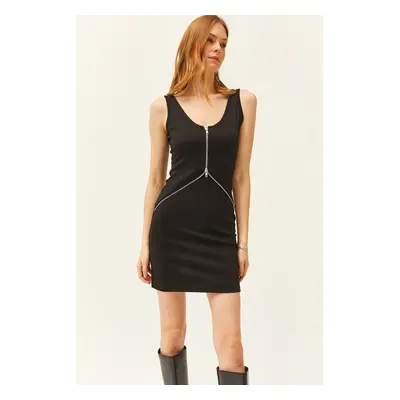 Olalook Women's Black Zipper Detailed Strap Mini Dress