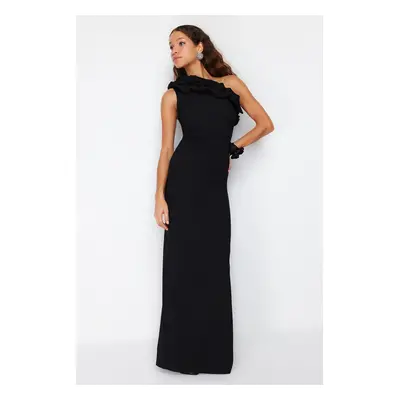 Trendyol Black Lined Flounce Woven Long Evening Dress