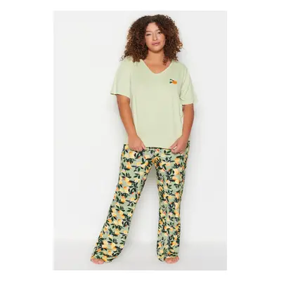 Trendyol Curve Mint Printed Knitted Pajamas Set