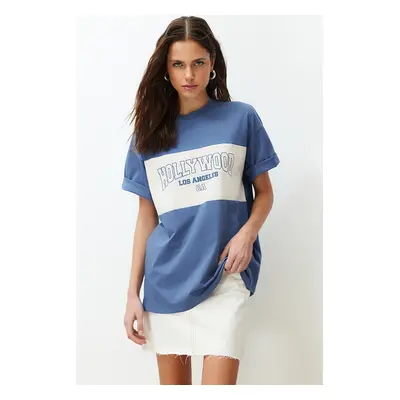 Trendyol Indigo 100% Cotton Color Block City Print Oversize/Wide-Fit Knitted T-Shirt