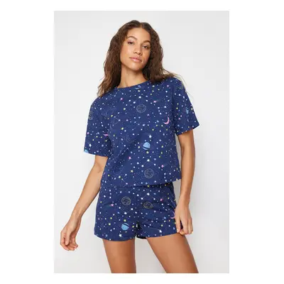 Trendyol Navy Blue 100% Cotton Galaxy Patterned Knitted Pajama Set