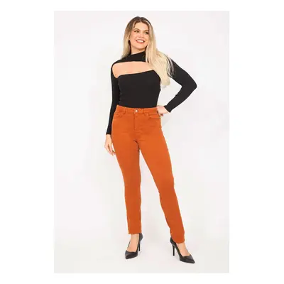 Şans Women's Plus Size Orange Lycra 5-Pocket Jeans Trousers