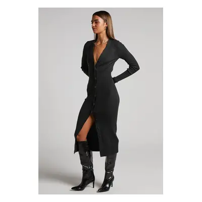 Madmext Black Buttoned V Neck Long Knitwear Dress