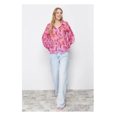 Trendyol Pink Balloon Sleeve Floral Patterned Chiffon Fabric Oversize Wide Fit Woven Shirt