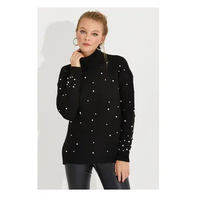 Cool & Sexy Women's Black Turtleneck Pearl Knitwear Sweater